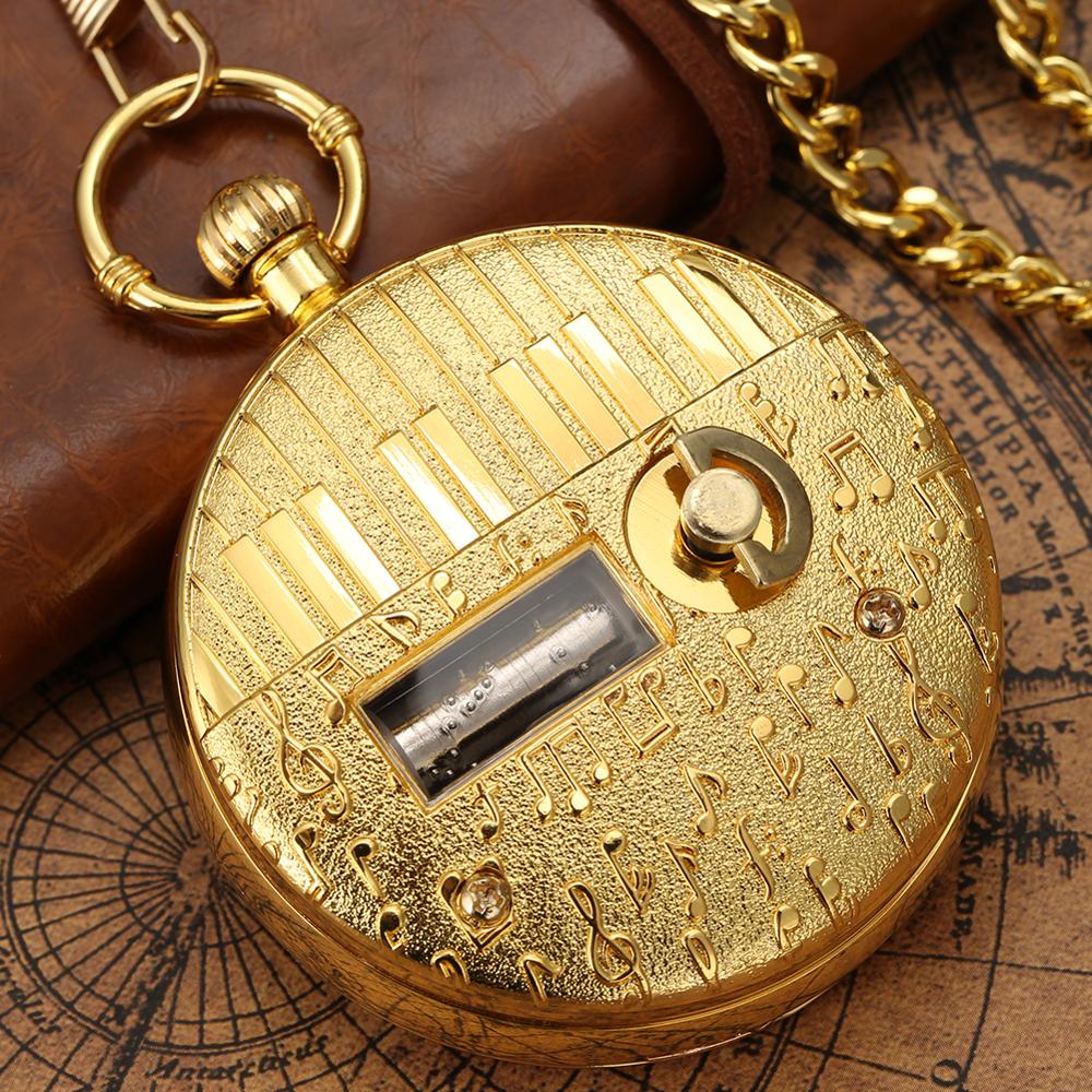 Exquise Gold Musical Movement Pocket Watch Hand Crank Playing Music Watch Chain Roman Number Carved Clock Happy Year