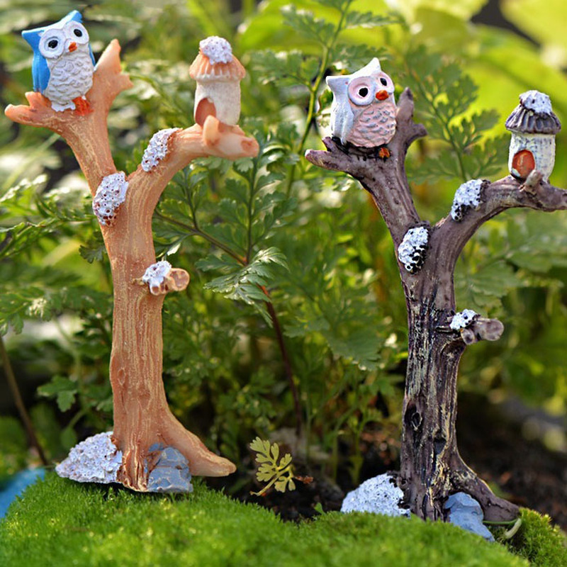 Gufo e ramo in resina fai-da-te Mini artigianato ornamenti giocattolo in miniatura Bonsai Micro paesaggio ornamenti da giardino decorazioni per la casa