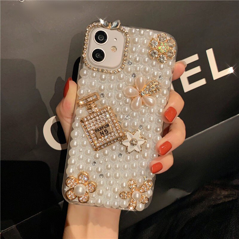 Bling Diamond Flower Pearl Phone Case For iPhone 12 11 Pro Max XS XR X 7 8 Plus Case Glitter Rhinestone Bottle Soft TPU Cover