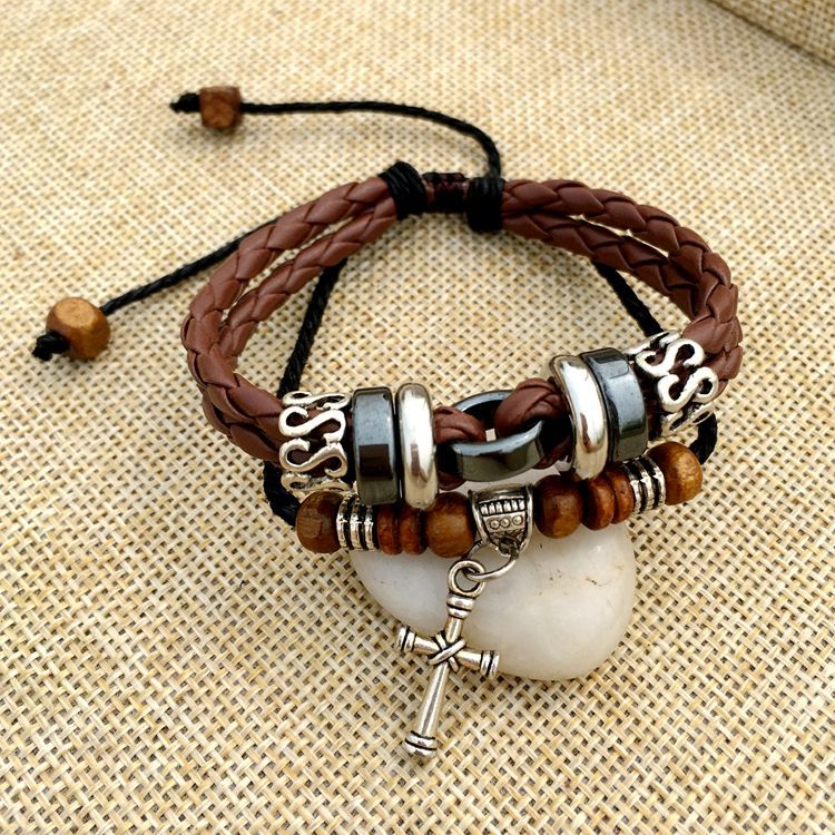 Vintage meerlagige kruisklinknagel geweven leren bedelarmband unieke handgemaakte verstelbare armbanden voor heren sieraden: 2