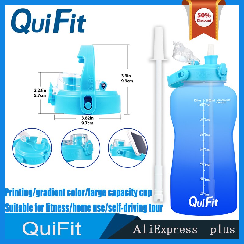 QuiFit water bottle 3.8L bouncing lid gallon water bottle cuptime stamp trigger no BPA, sports phone holder fitness water bottle: Blue-blue
