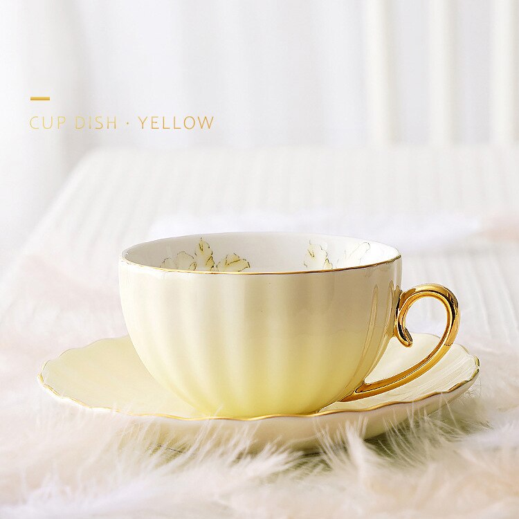 Tasses et soucoupes en céramique, tasse à café et thé à fleurs, plateau à bordure dorée, tasses à café avec assiette à Dessert, verres de Style européen,: Yellow