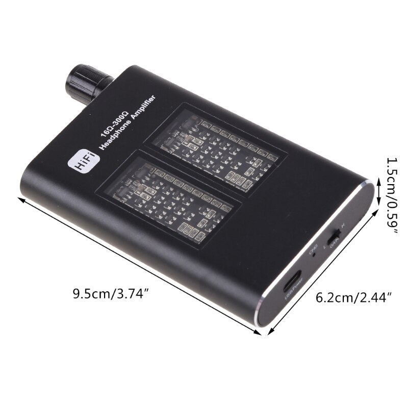 Mini hifi-systeem met 16-300 -kanaals hoofdtelefoonversterker van aluminium, 3.5mm aux-ingangen en -uitgangen en een lithiumbatterij van 1000 mah.