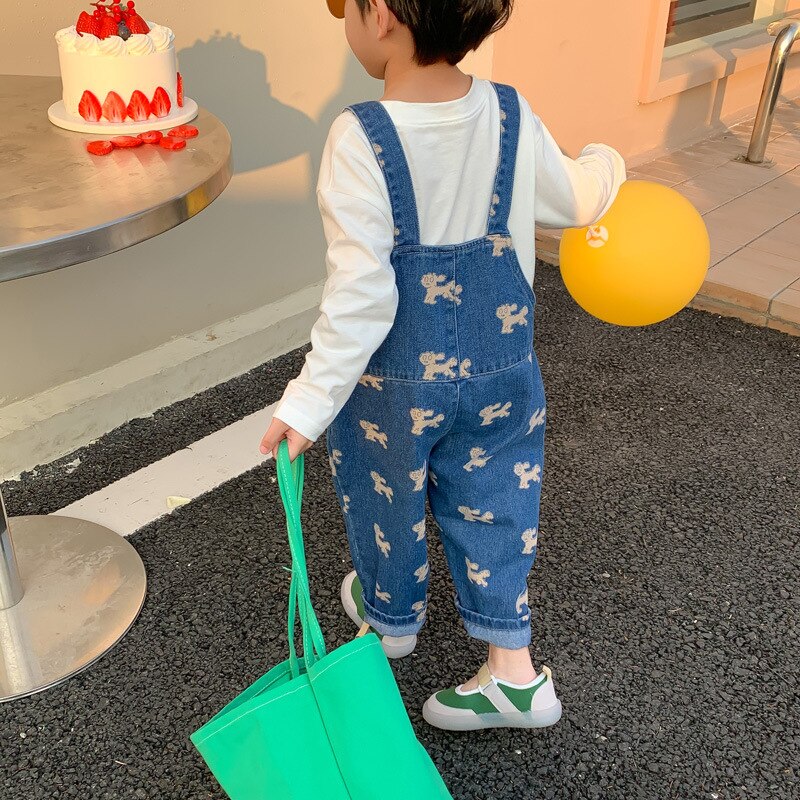 Monos de mezclilla con dibujos de perros para niños y niñas, pantalones informales holgados con tirantes, unisex, Primavera