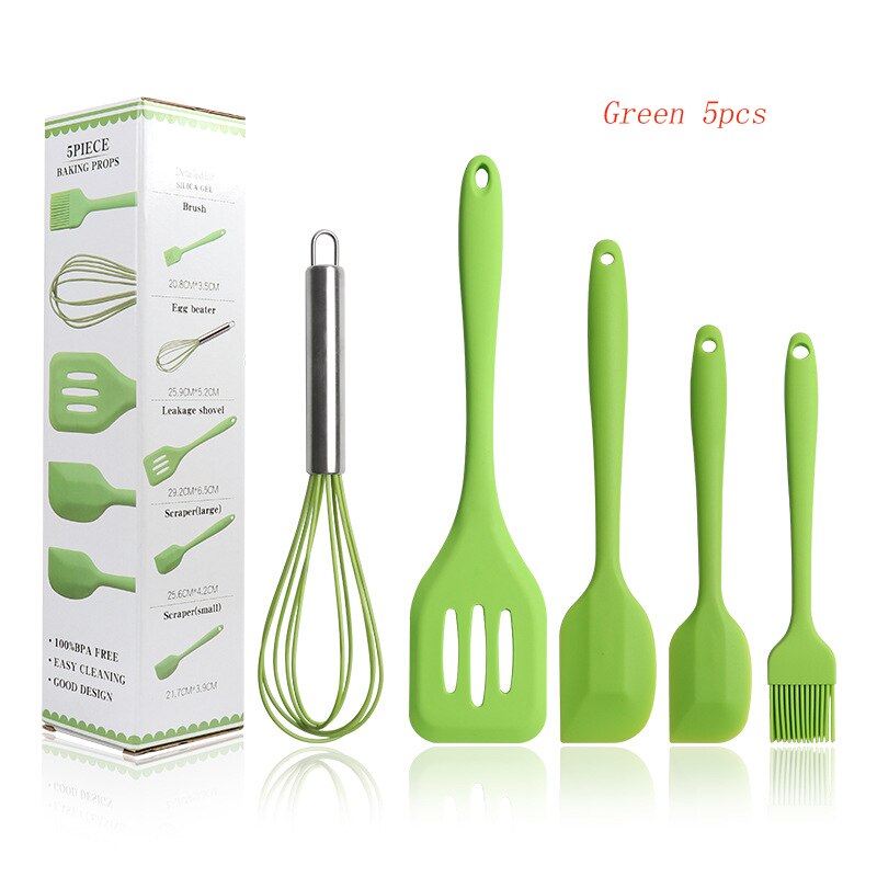 Silicone Kitchen Utensils Set 5/10 Pcs Not-Stick Cooking Tools Spoon Spatula Ladle Egg Beaters Kitchen Accessories Baking Tools: 5pcs  Green