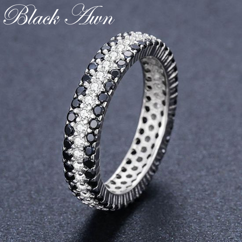 [Zwart Awn] Vintage 925 Sterling Zilver Vinger Ring Zwarte Spinel Ronde Engagement Ringen Voor Vrouwen Sterling Zilveren Sieraden c443