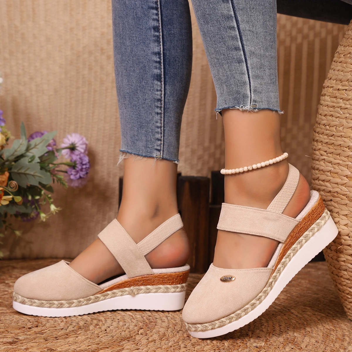 Summer Women Linen Plain 6cm Wedge Sandals Handmade Ladies Casual Comfortable womens shoes: Beige / 40