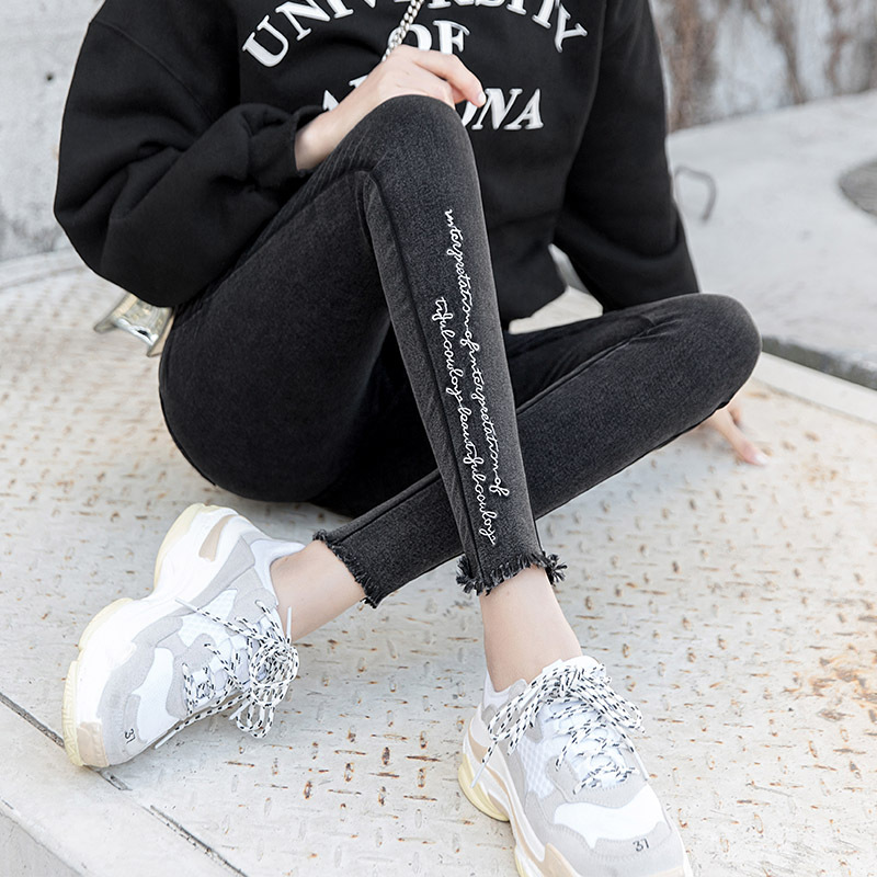 Stickerei Jeans Hohe Elastische Boyfriend-Jeans Weibliche Gewaschen Denim Dünne Weibliche Gedruckt Bleistift Hosen Zerrissene Streetwear Hosen