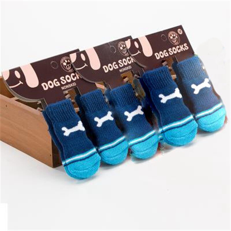 Meias para animais de estimação antiderrapante osso cachorro quente interior macio azul algodão 4 bonito