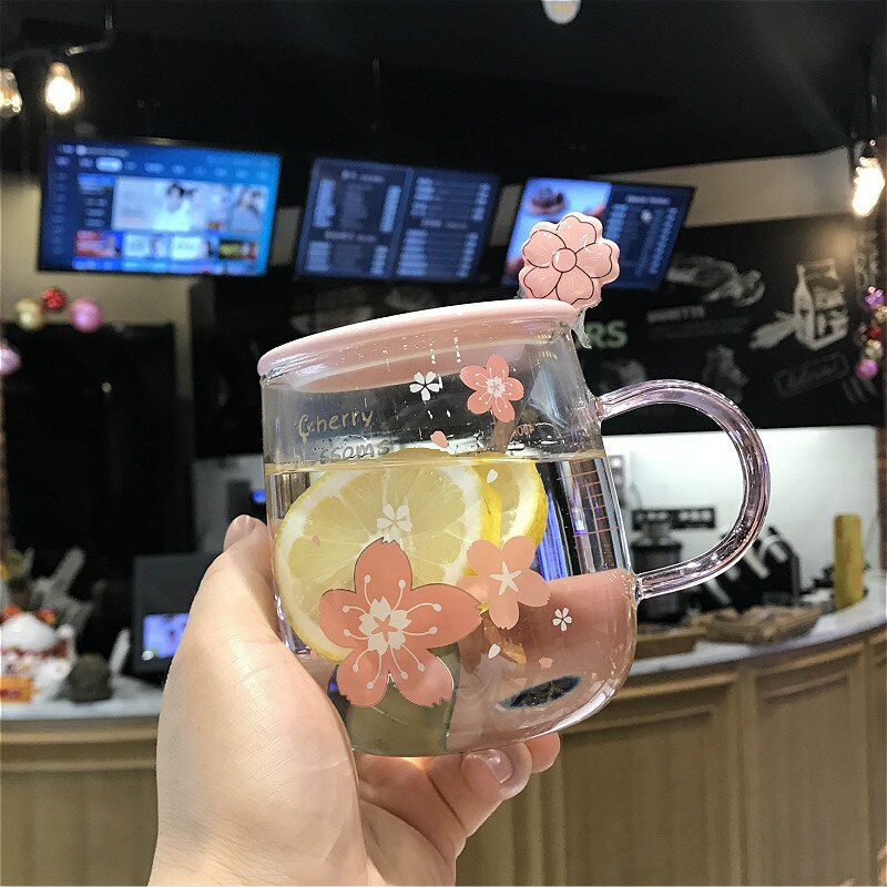 Botella de agua de cristal con flor japonesa para mujer y niña, vaso de cristal con flor de cerezo rosa con cubierta de cerámica, para beber leche