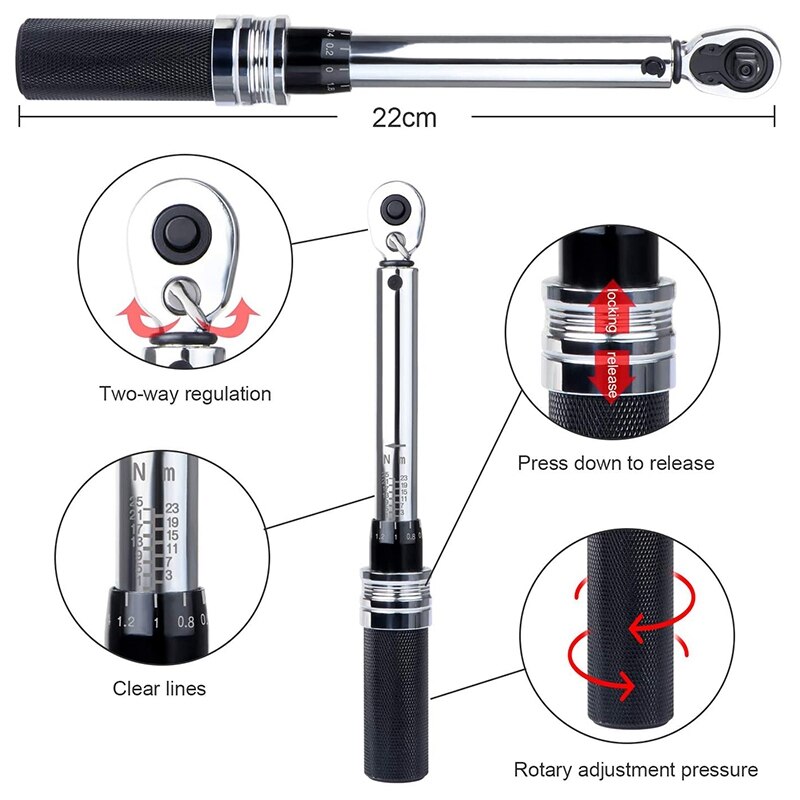 Bicycle Torque Wrench 1/4 Inch Drive Bicycle Torque Wrench Set 1-25 Nm Bicycle Repair Tool Torx and Hexagon Socket Set