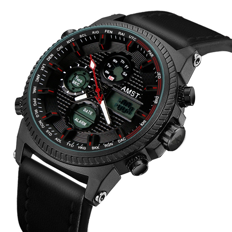 Relojes militares AMST de 50M, Relojes LED con correa de cuero resistente al agua, relojes de cuarzo de lujo de la mejor para hombre, reloj Masculino