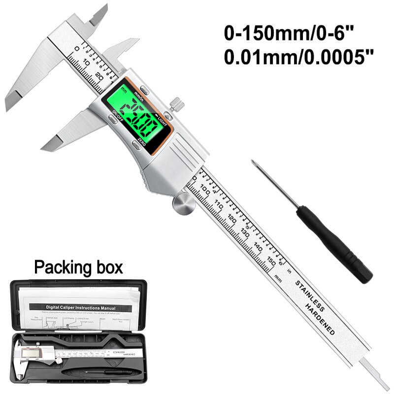 Stainless steel metal shell digital caliper 0-150mm measuring tool color display: Calipers box