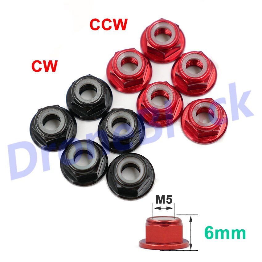 10 stk  m5 aluminiumsflens nylonmutter lavprofil cw ccw anti-løs innsatslås til 2204 2205 2206 børsteløs motor rc qav 250 210: 6mm cwx 5 ccwx 5