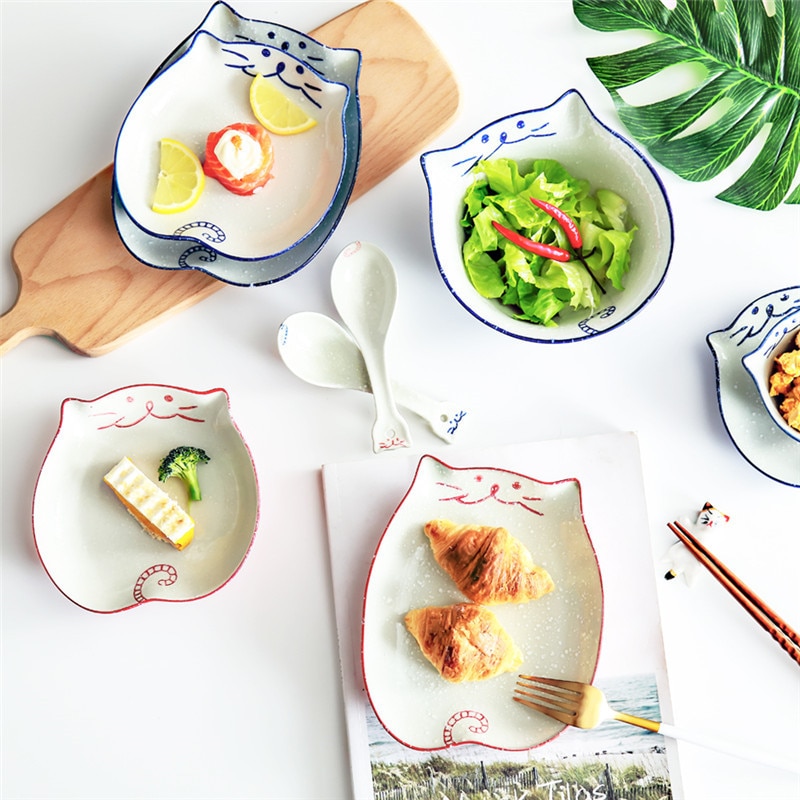 Japansk tecknad söt katt keramik soppskål handmålad porslin ris nudelskål middag dessert biff sallad tallrik servis