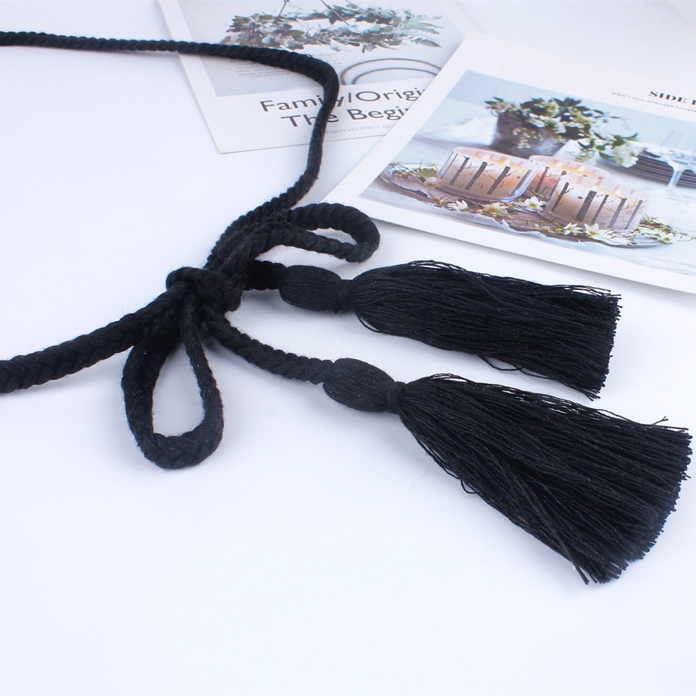 Ceinture tressée à pompons pour femmes, , tissage torsadé, ceinture tricotée, ULdécorée pour robes, chemise marron, ficelle en coton noir