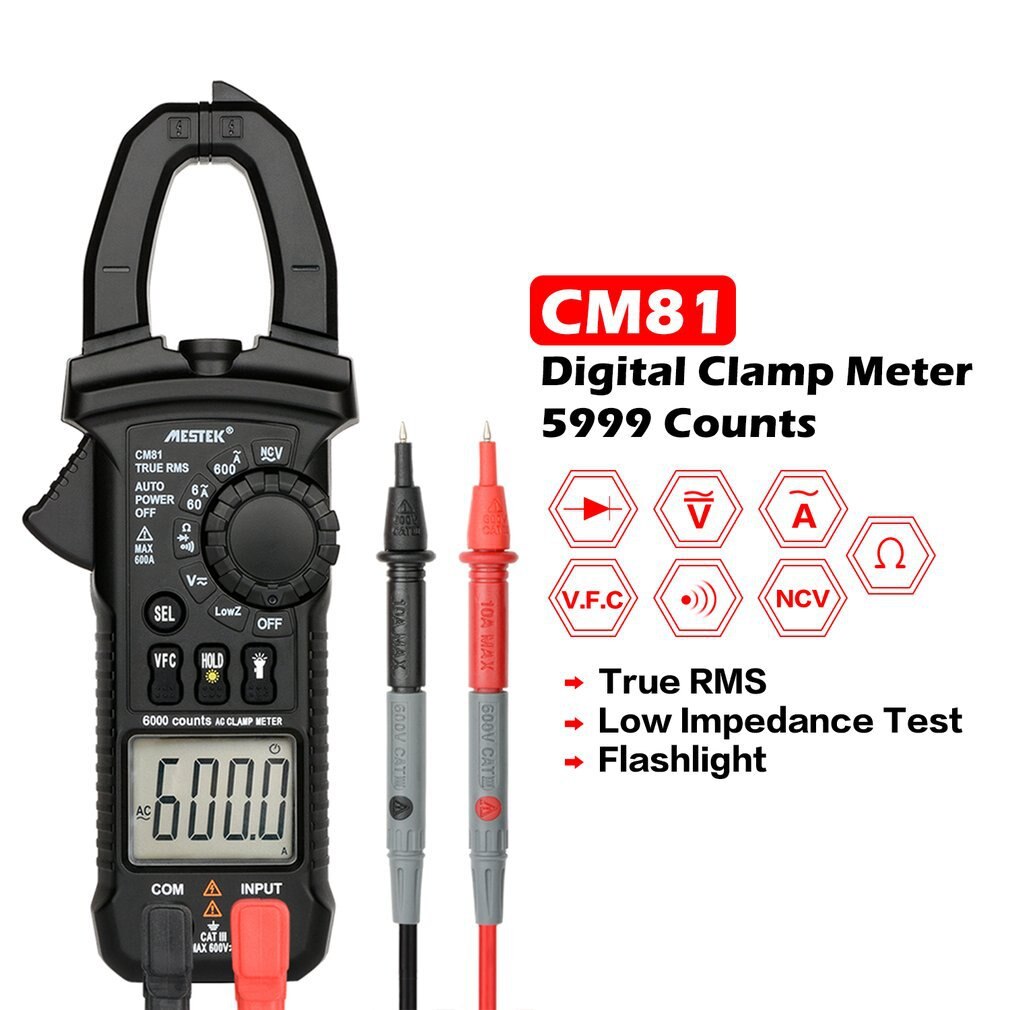 MESTEK CM81 Digital Clamp Meter True RMS Multimeter 5999 Counts AC/DC Volt Amp Ohm LowZ NCV Diode Tester with Flashlight