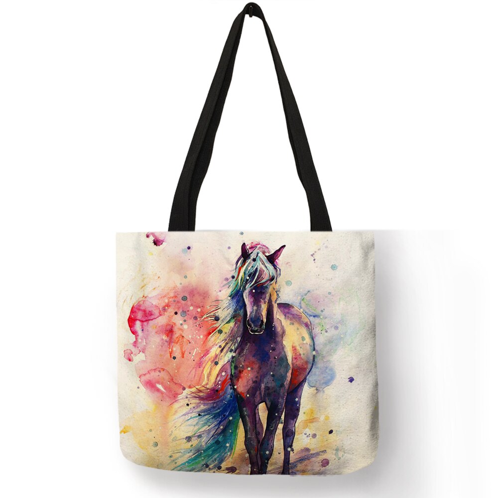 Aquarel Paard Print Linnen Shopping Bag Tote Folding Herbruikbare Reizen School Schoudertassen Casual Handtassen Voor Vrouwen: 007