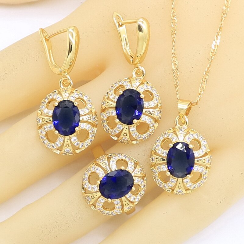 Neue Olive Green Zirkon Gold Farbe Schmuck Sets für Frauen Ohrringe Halskette Anhänger Ringe Box: Blue