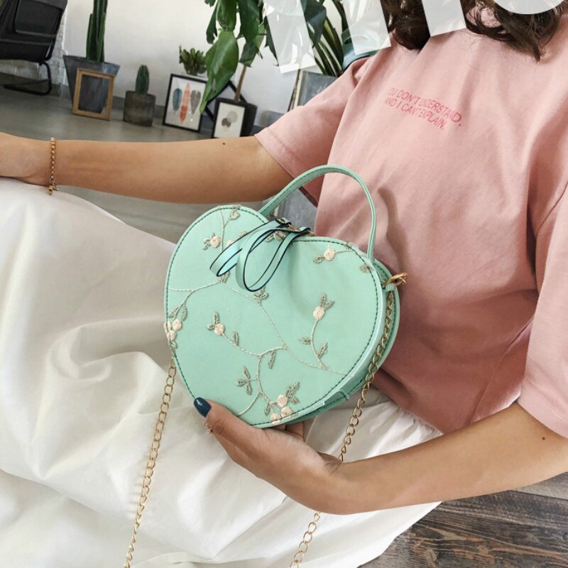Bolso de hombro de encaje, bolsos de mujer de corazón de melocotón, bolso de mano de bordado, bolso Diagonal portátil para chica, bolso de cadena en forma de corazón para niña: green