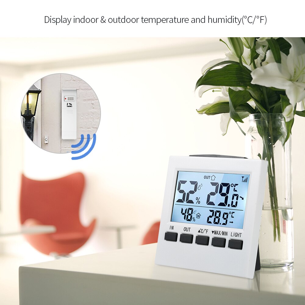 LCD Digital Wireless Indoor/Outdoor Thermometer Hygrometer ℃/℉ Temperature Humidity Meter with Max Min Value Display Transmitter