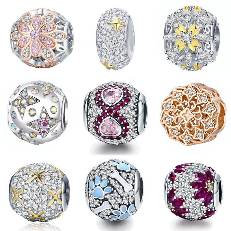 Bisaer 925 breloques en argent sterling en forme de cœur, flocon de neige, feuilles d'érable, perles en cristal cz, adaptées aux bracelets à breloques, bijoux en or à faire soi-même, maman