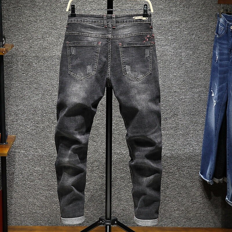 Homme fleur broderie déchiré jean mince stretch denim pantalon blanc bleu gris noir
