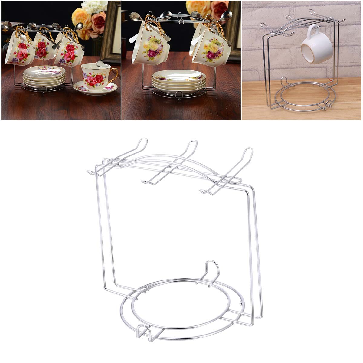 Coffee Cup Plate Organizer Coffee Cup Holder Kitchen Decoration Cabinet And Counter Shelf Organizer Mug Holder For 4Cups 6Plates