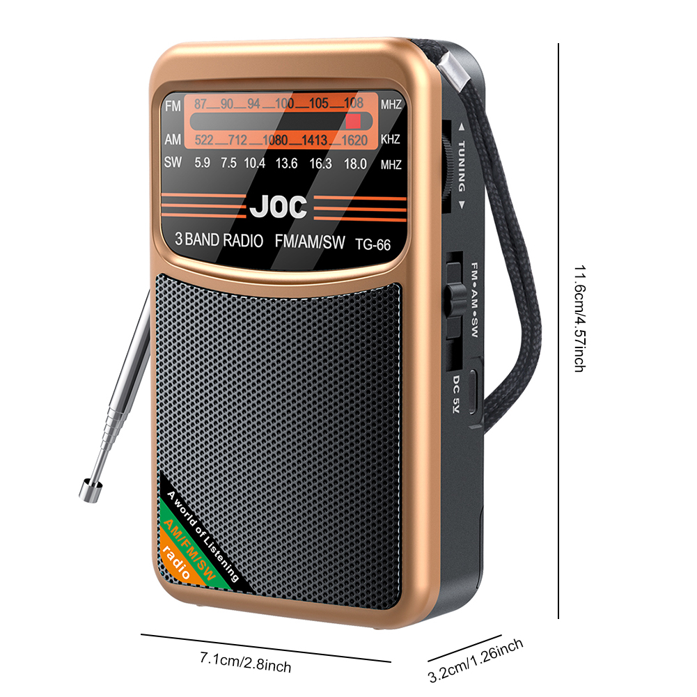 Transistor de radio de emergencia portátil FM AM SW con linterna LED reproductor de radio con pilas para personas mayores caminando: Rojo