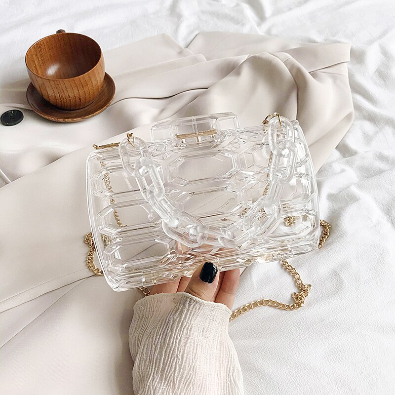 Acryl Transparante Plaid Clutch Bag Zomer Avondtasje Vrouwen Makeup Box Meisjes Pvc Schouder Keten Tas Plastic Clear Clutch: transparent white