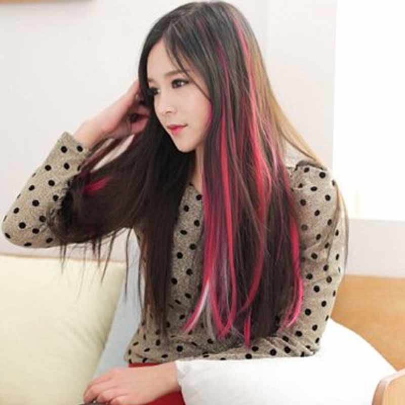 Colorful Clip On Hair Straight Extensions Personality Punk Red Long Hair Accessories SCI88