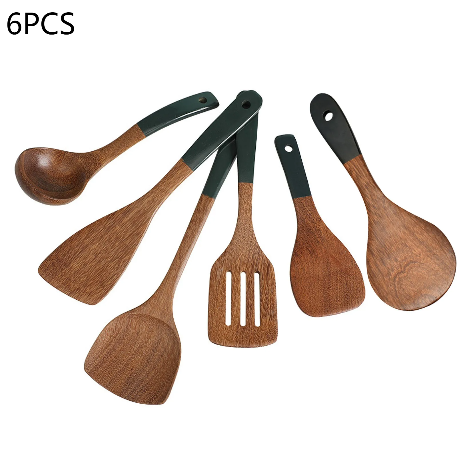 Wood Kitchenware Cooking Set Household Cooking Spoon Set Salad Spoon Fork Stirring Spoon Kitchen Baking Set: green