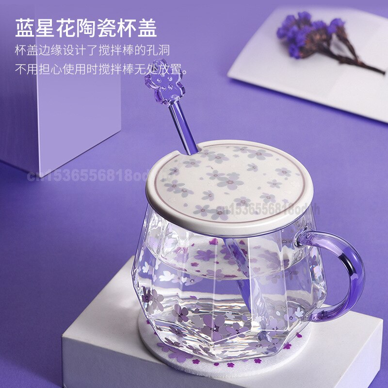Paars Diamant Cup Blauwe Ster Bloem Hoge Borosilicaat Hittebestendig Glas Koffie Roeren Cup Glas Water Beker Deksel Afdrukken cups