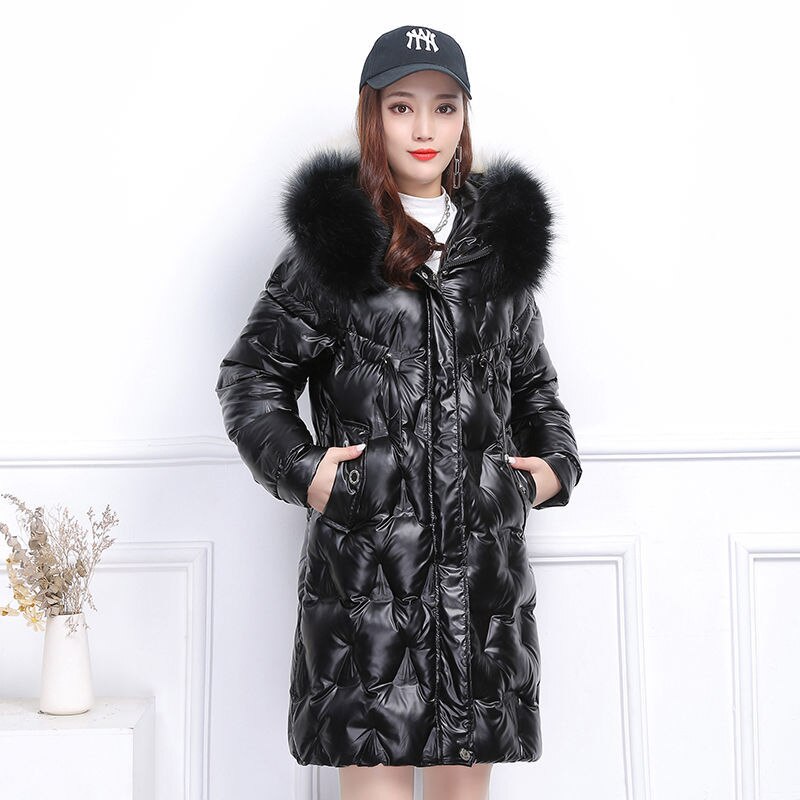 Manteau d&#39;hiver à capuche brillant pour femme, veste épaisse en or et argent, parka coupe-vent, imperméable, coton rembourré, longue tenue de neige: black / XL
