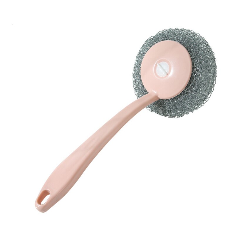 Stainless Steel Wire Ball Brushes Long Handle Wash Pot Bowl Tableware Brush Household Kitchen Brush Scrubber Cleaning Ball Tool: Pink