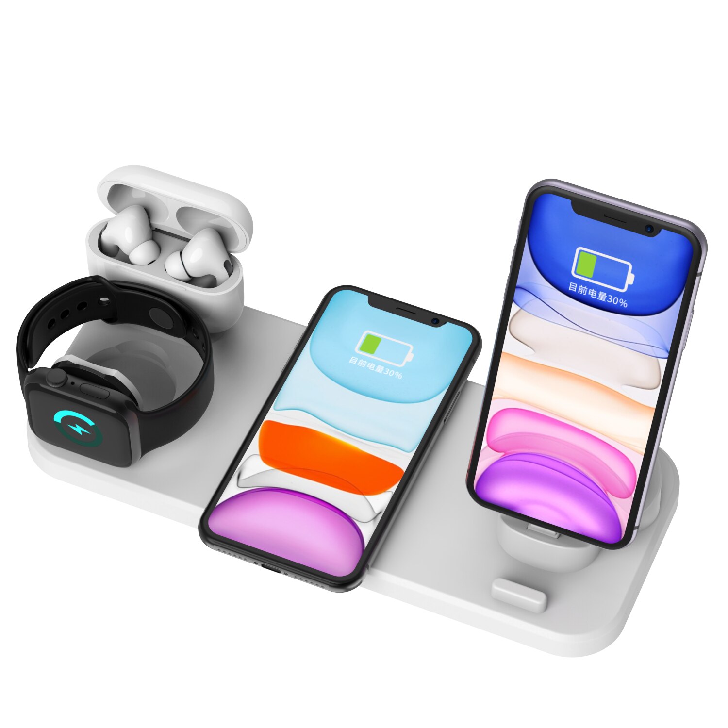 6 in 1 kabelloses ladepad mit qi-induktions-schnellladefunktion für apple watch 6 5 4 3 , airpods pro, iphone 12 pro /11/ xr/xs/x /8: 6 in 1 weiß