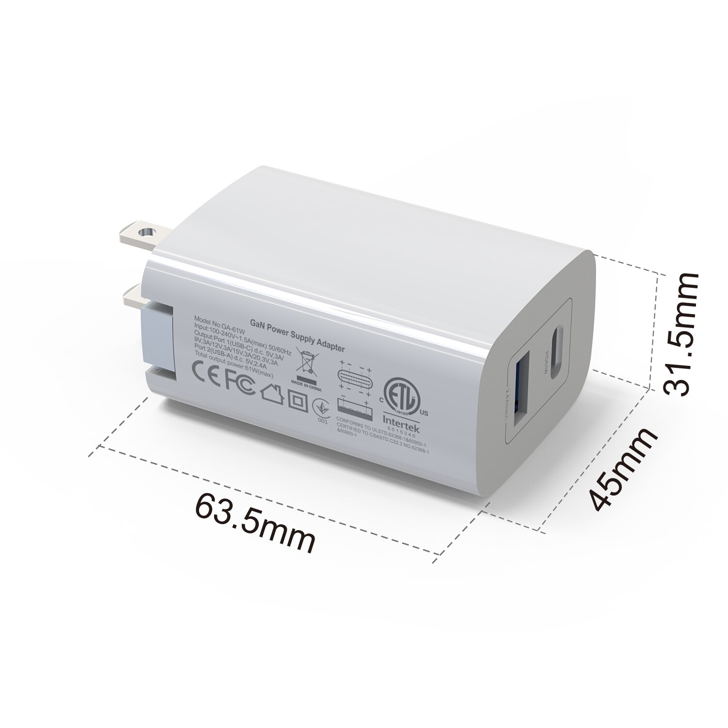 61W 2-Port USB C GaN Charger PD Power Adapter for iPhone for Galaxy USB C Laptops and More Wall Charger Portable Phone Charger: White