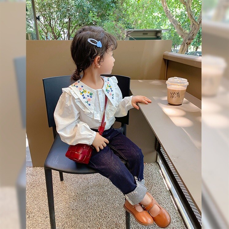 Blusa blanca bordada para niña, camisa de manga larga con cuello bordado para primavera y verano, Tops, disfraz informal
