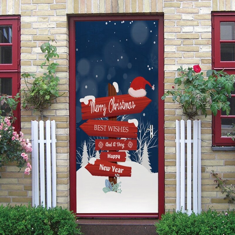 2pcs/set 3D Merry Christmas Sign Decorative Door Sticker Waterproof Self Adhesive Wallpaper Wall Mural Decal