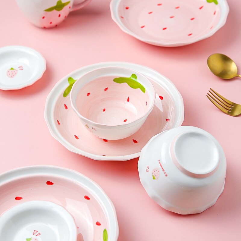 Ceramic Dinnerware Set Pink Dish Soup Spoon Noodle Plate Mug Food Bowl Girls Favor Easily Clean Home Use 1 Pcs Strawberry Style