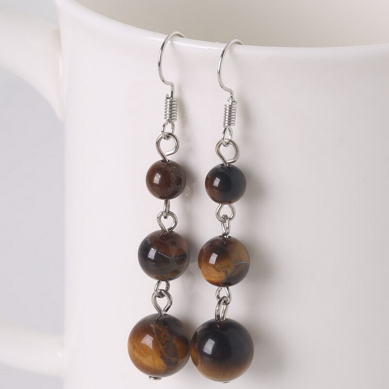 Nuevos pendientes de de 6mm + 8mm + 10mm para mujer, cuentas de ojo de tigre Natural, pendientes largos de piedra para mujer, joyería: Tiger Eye