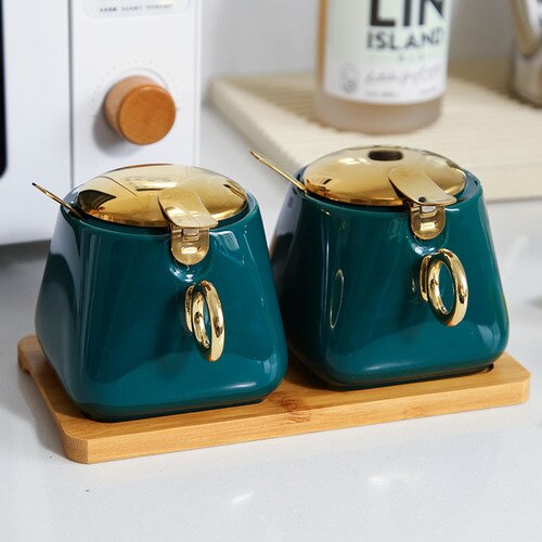 Kruidkruik Set Huishoudelijke Combinatie Zout Jar Kruiden Opbergdoos Keramische Keuken Kruiden Pot Peper Pot Met Deksel Cn (oorsprong): 2 green
