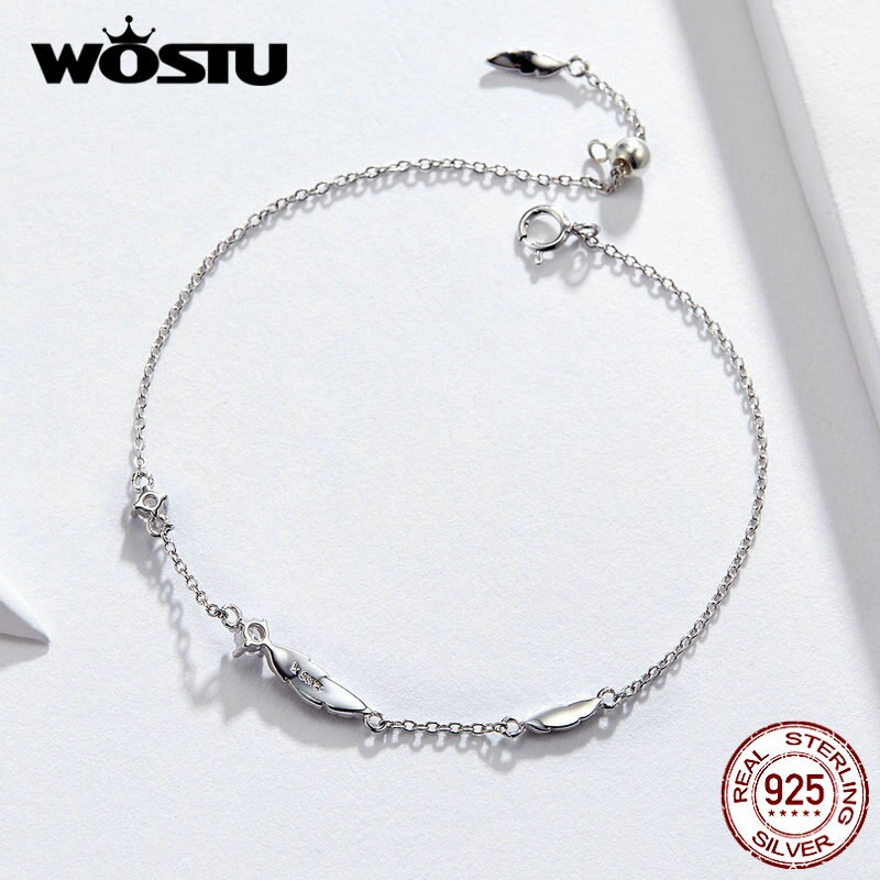 WOSTU European Style Feather Bracelets 925 Sterling Silver CZ Stone Chain Link For Women Wedding Party Silver 925 Jewelry CQB133