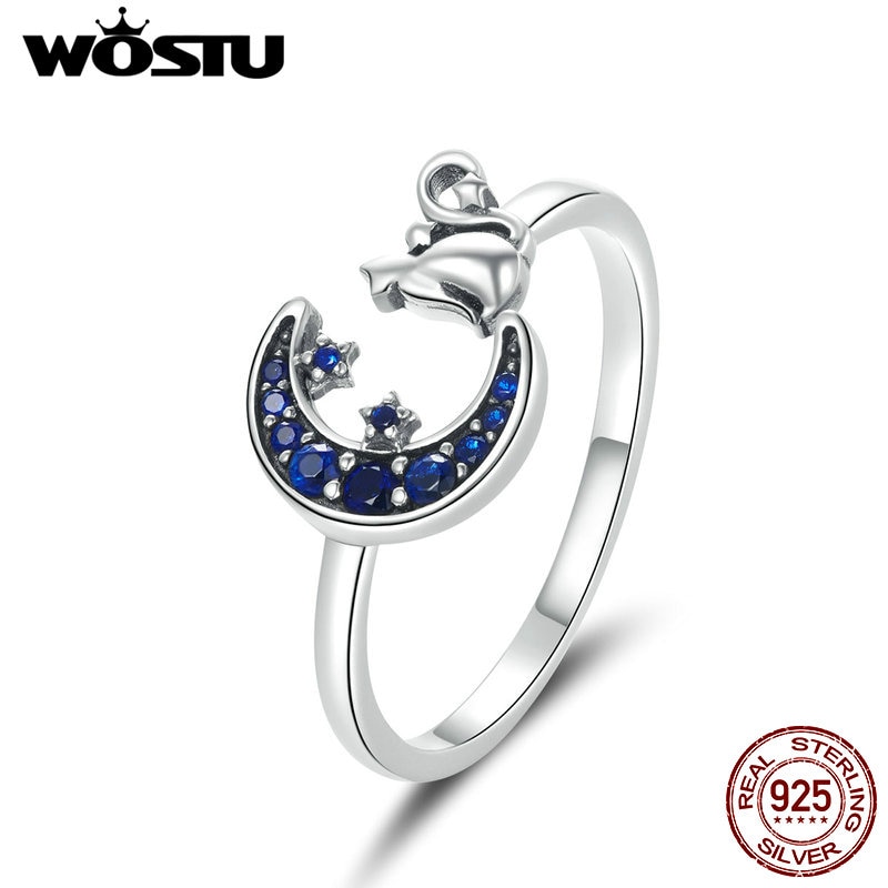 Wostu Moon &amp; Kat Open Ring 925 Sterling Zilver Blauw Zirkoon Verstelbare Size Animal Ring Voor Vrouwen Vingers Trendy Sieraden CQR677