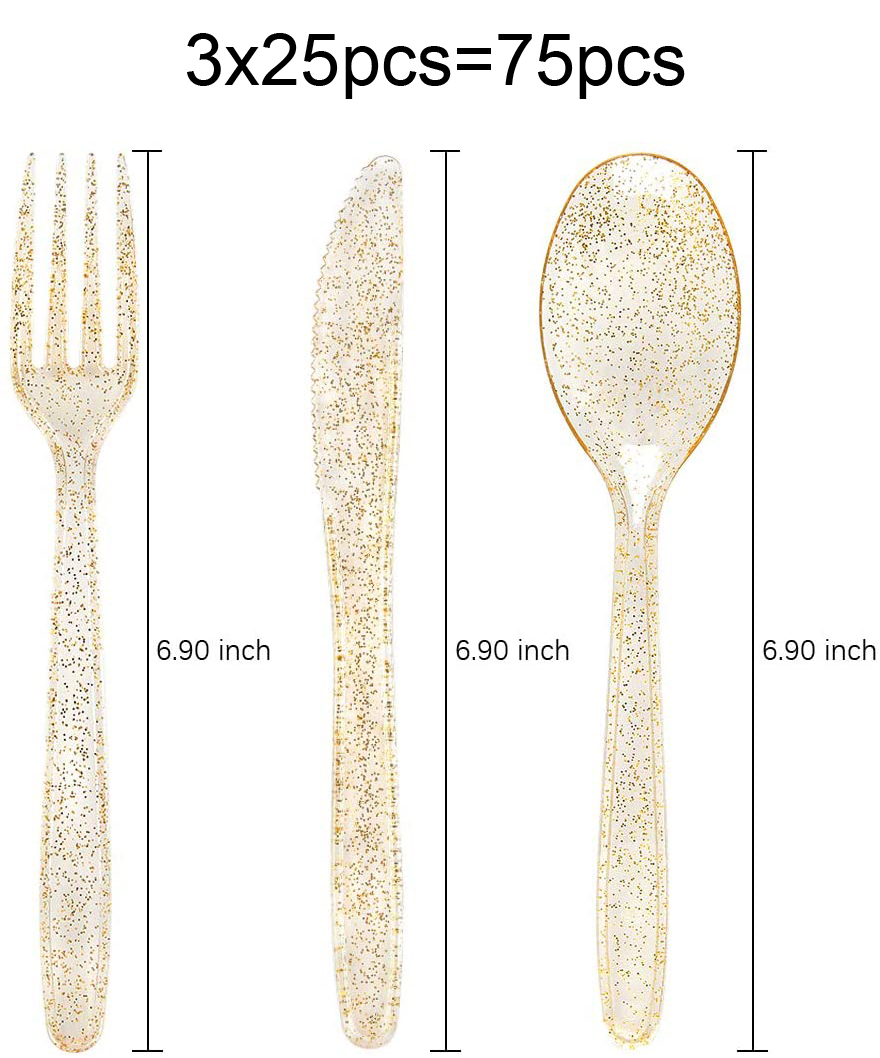 75-teiliges goldenes Kunststoffbesteck – Party-Besteck-einstellen – schweres Kunststoffbesteck – inklusive 25 Gabeln, 25 Löffel und 25 Messer: Grau