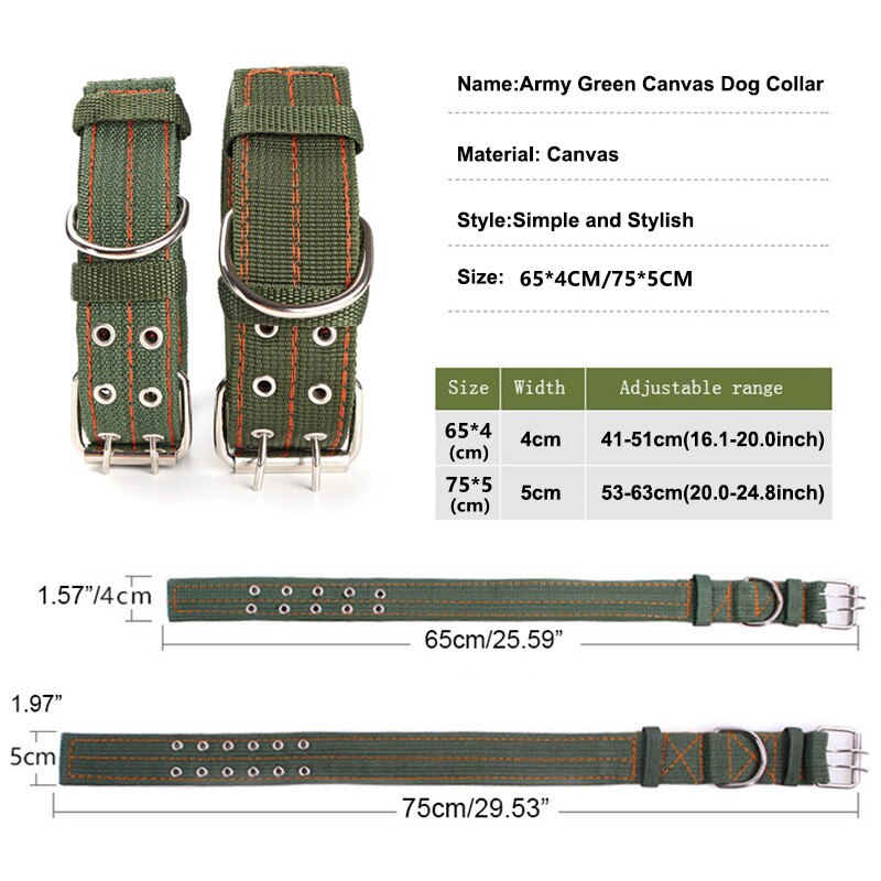 Lona verde del ejército perro Collar, hebilla de doble hilera fuerte Collar ajustable para mascota medio perros grandes