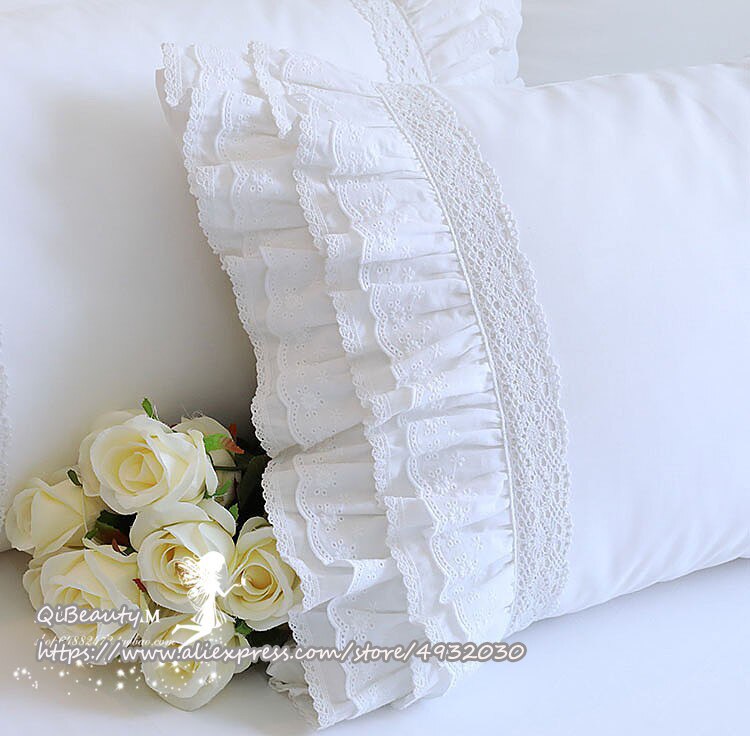 Prinsesse rent hvidt dobbelt lag blonder flounced bomuld bryllup rent bomuld sengetøj pudebetræk pudebetræk: Pt001