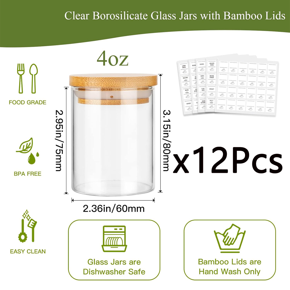 4oz krydderikrukker af glas med bambuslåg, opbevaringsbeholdere af klar borosilikatglas til mad med lufttætte trælåg, cylinderglas: Default Title