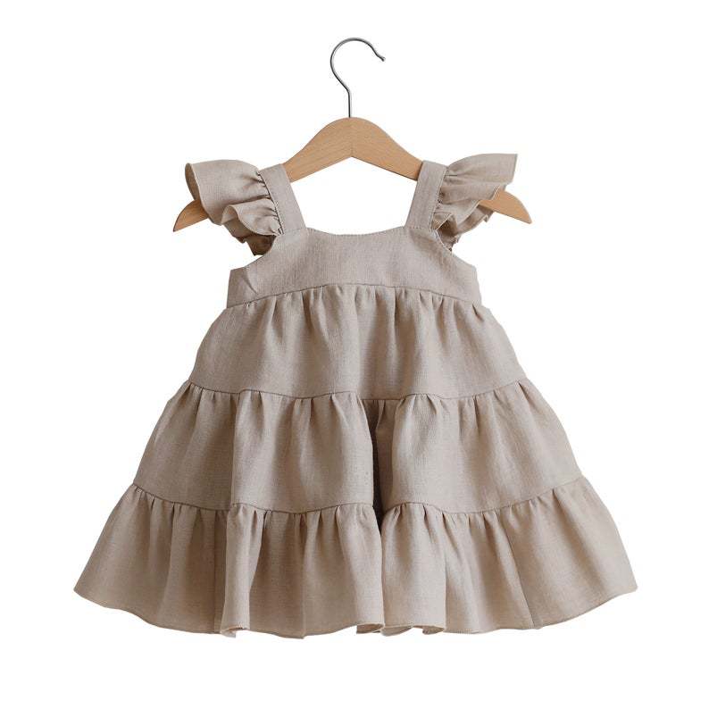 Baby Meisjes Kleding Baby Katoenen Linnen Jurk Zomer Zonnejurk Mouwloos Leuke Kant Verstoorde Kids Prinses Lange Rok Peuter: Khaki / 80(12-18M)