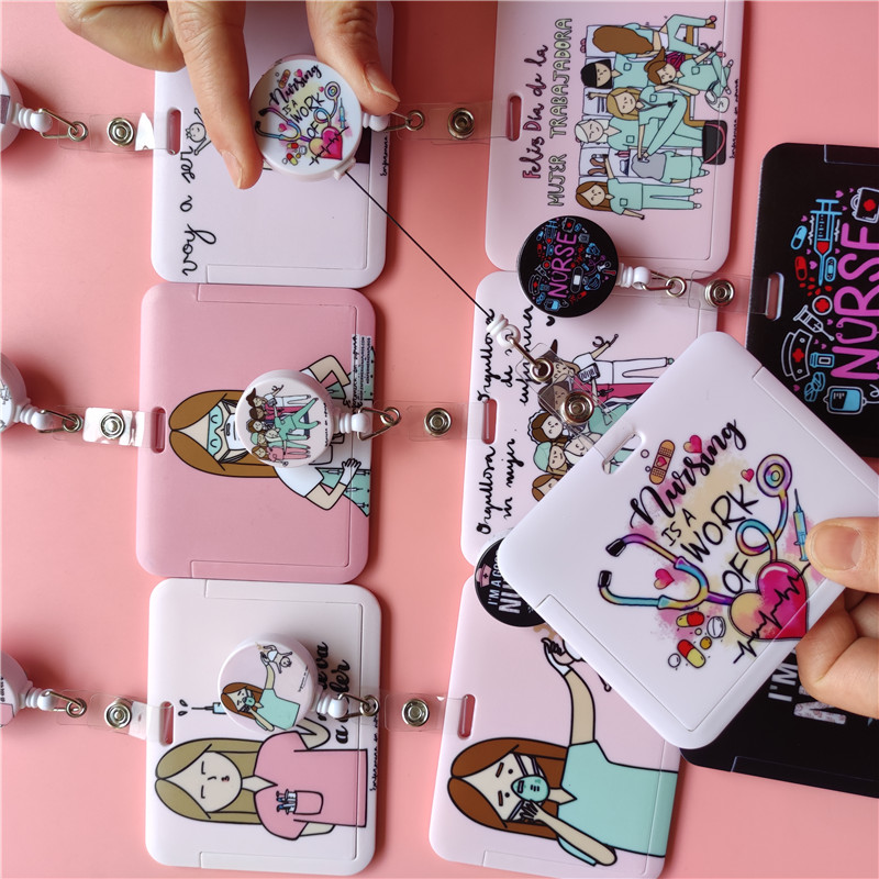 Doctor Nurse Cute Name ID Badge Holder Hard Case with Neck Lanyard Bus Card Holder Keychain Strip Set for Nurse Name Card Case